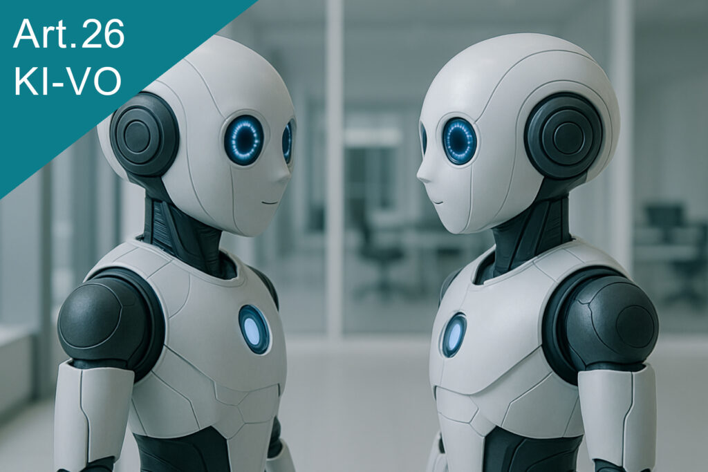 Zwei Roboter stehen sich gegenüber in einem Büroraum