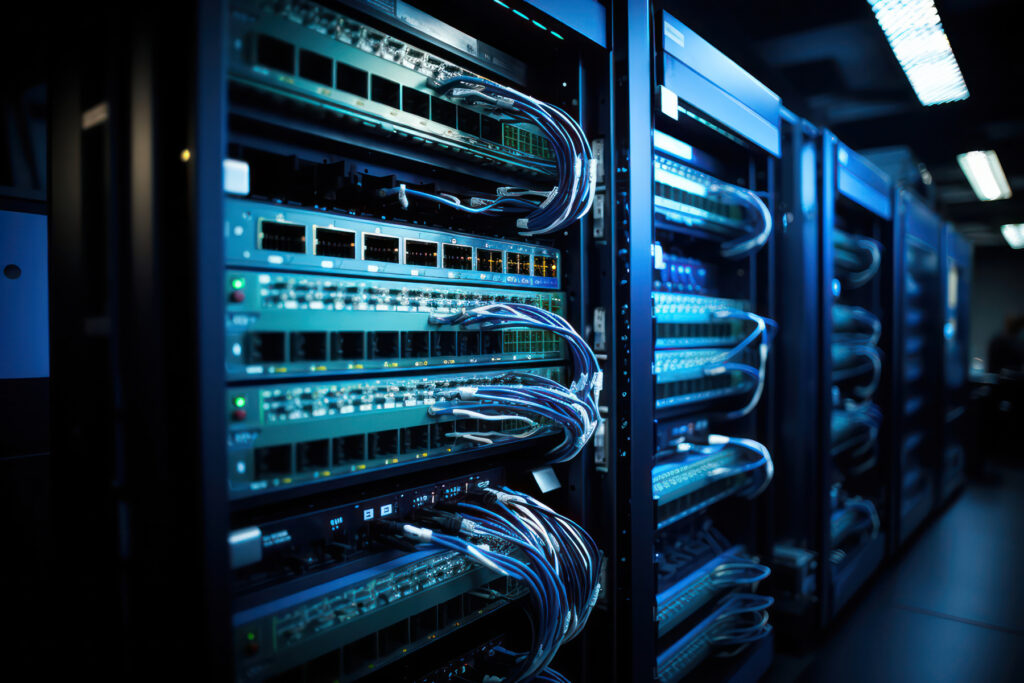 A shot of the network backbone in a server farm, with neatly organized cables and switches, illustrating the intricate connectivity that enables seamless data transfer