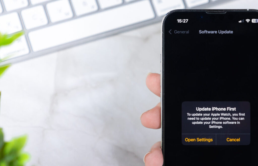 iPhone in einer Hand, im Hintergrund ein Schreibtisch mit einer Tastatur, am rechten Rand grüne Pflanze