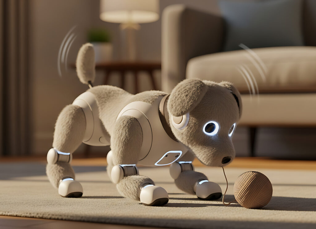 Cute Wooden Robot Puppy Exploring Indoors, 3D Render